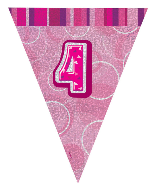 Unique Party 9ft Foil Glitz Pink Happy 4th Birthday Bunting Flags