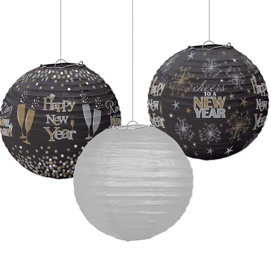 Amscan Silver & Black hanging lanterns with a 'Happy New Year'