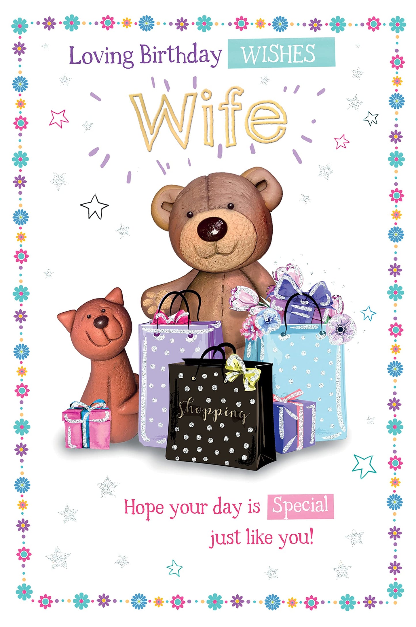 Into the Green Modern Lovable Bear Wife Birthday Card, Fluted Foil finish & ECO Glitter with Envelope