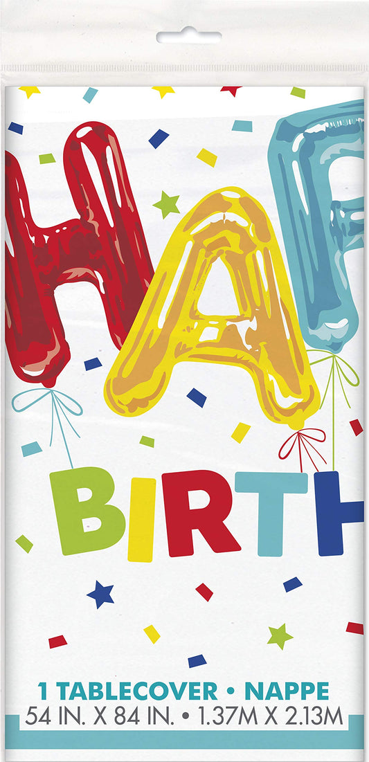 Unique 73103 Rectangular Plastic Table Cover | Birthday Balloon Theme | 54"x84", Print, Multi