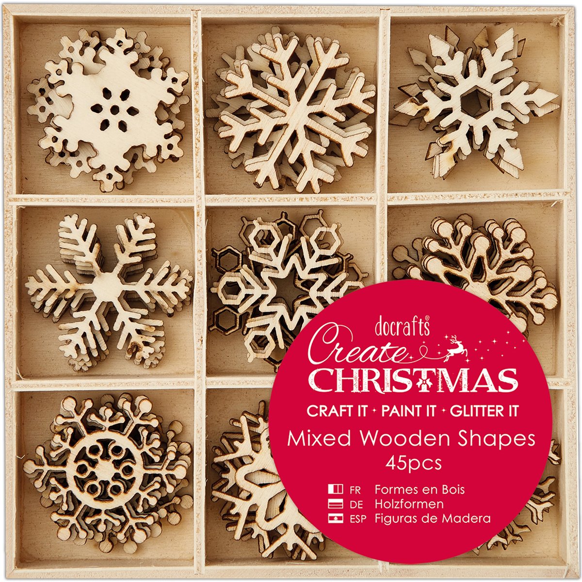 Docrafts Create Christmas 3cm Snowflakes Mixed Wooden Shapes (45 pieces), Beige, 1.51 x 10.36 x 12.44 cm