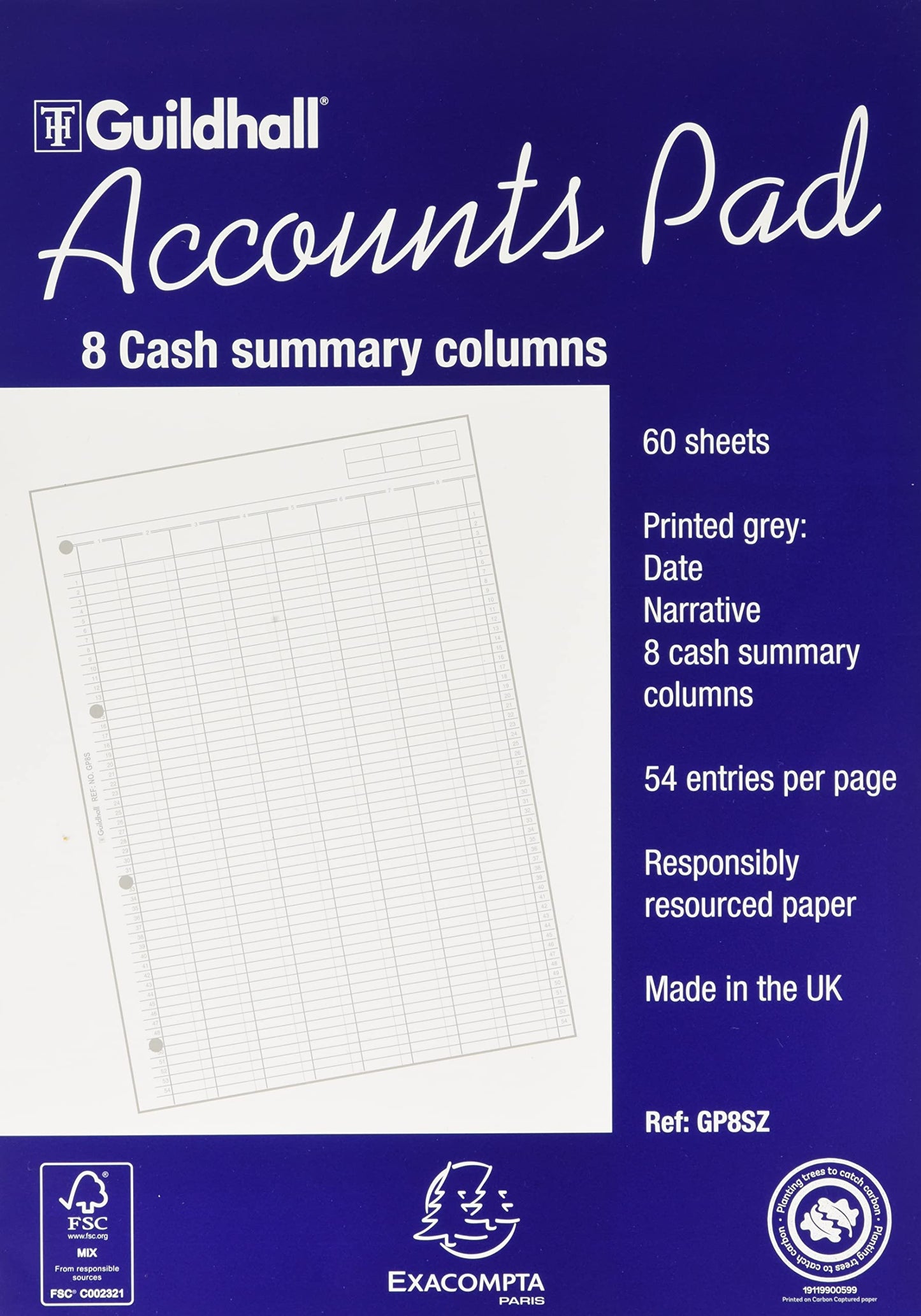 Exacompta - Ref GP8SZ - Guildhall - Accounts Pad, A4 298 x 210mm, 60 sheets 70gsm, 8 Cash Columns, 41 Feint Lines, 4 Holes for Filing, FSC-Certified - White