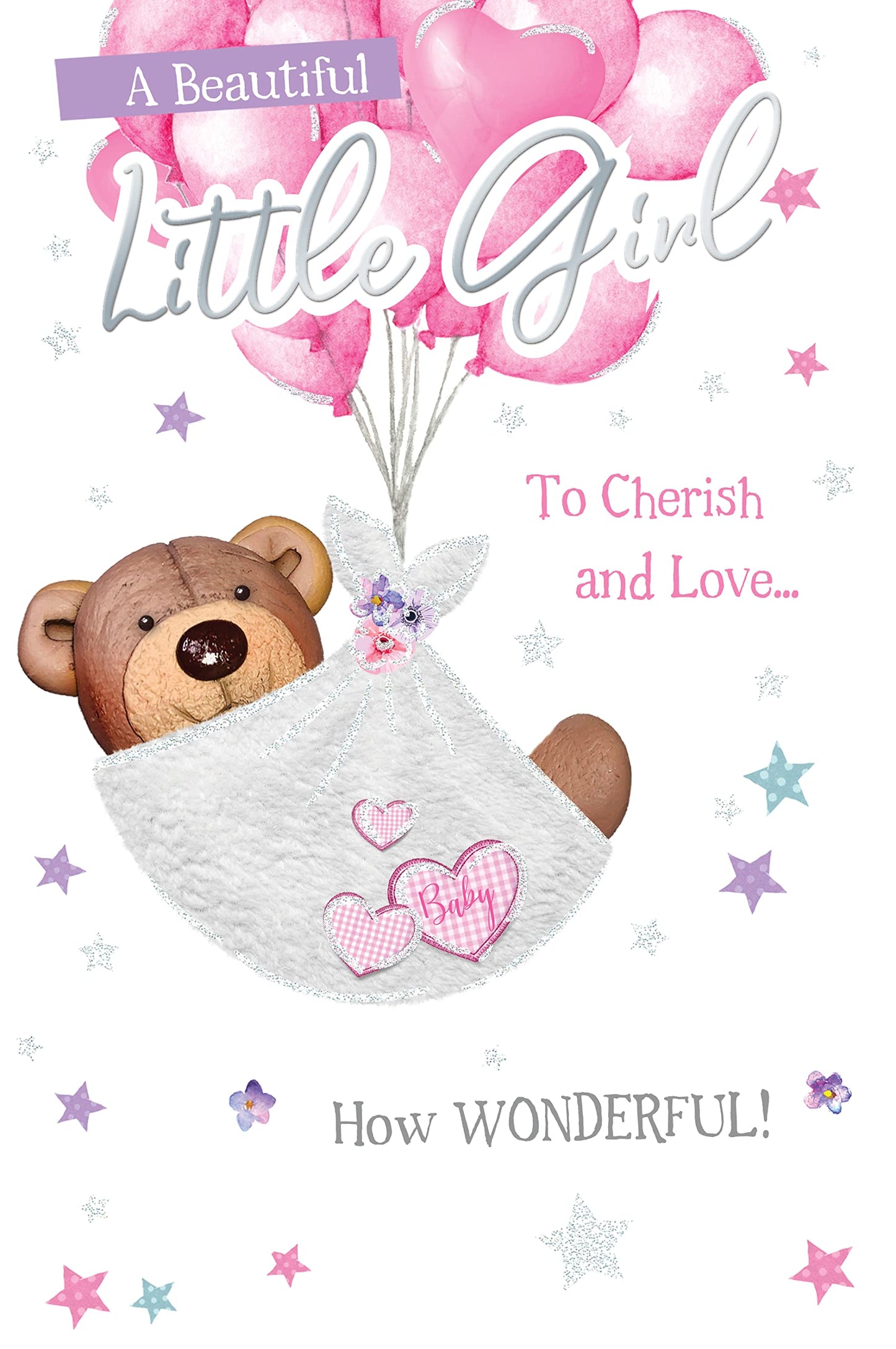 Into the Green Lovable Bear Birth Girl Card, Fluted Foil finish & ECO Glitter with Envelope