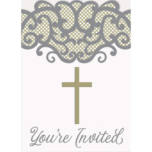 Unique 74864 Gold Holy Communion Invitation Cards 8 Pcs, Cross