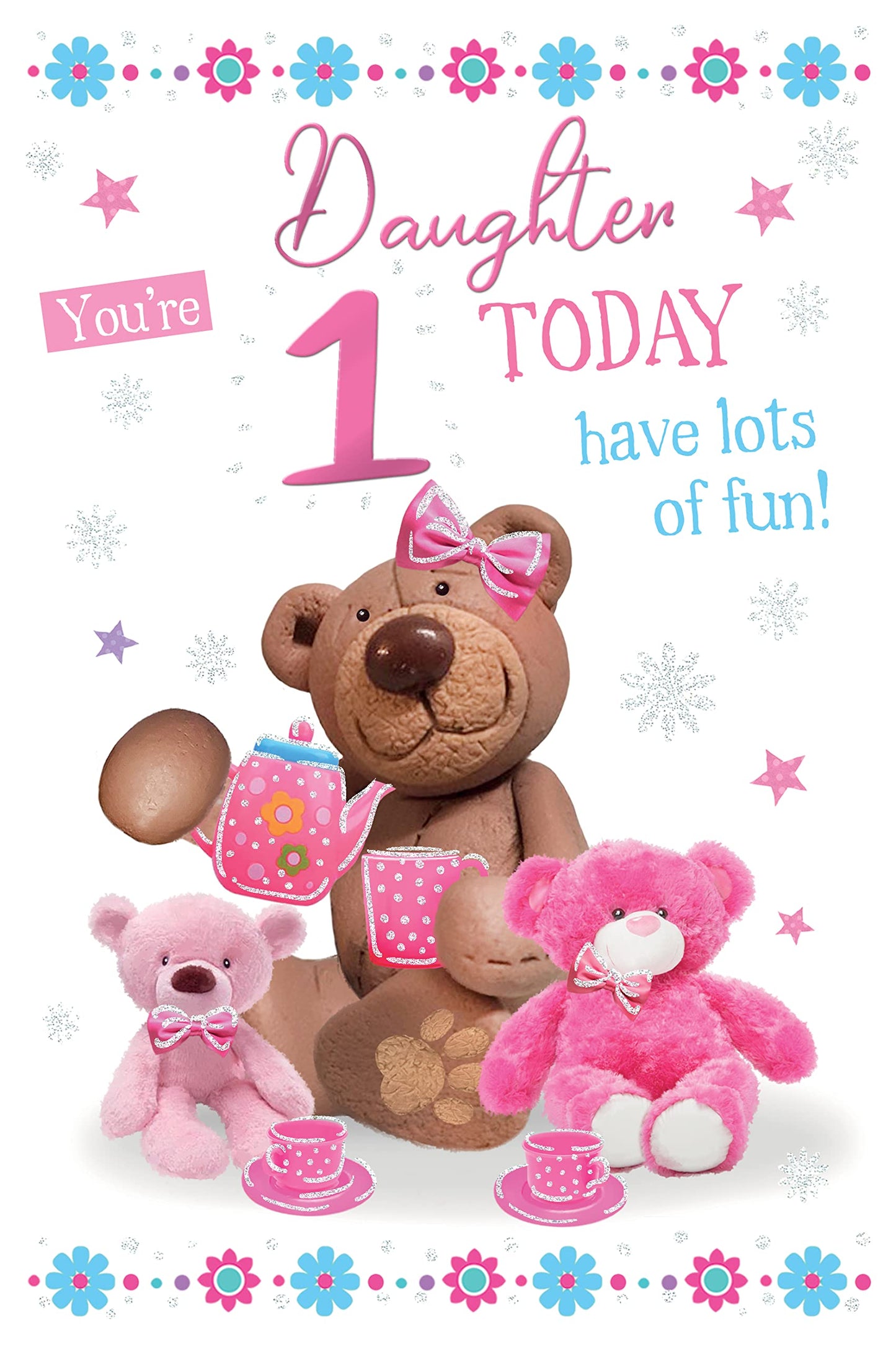 Into the Green Lovable Bear Daughter's 1st Birthday Card, Fluted Foil finish & ECO Glitter with Envelope