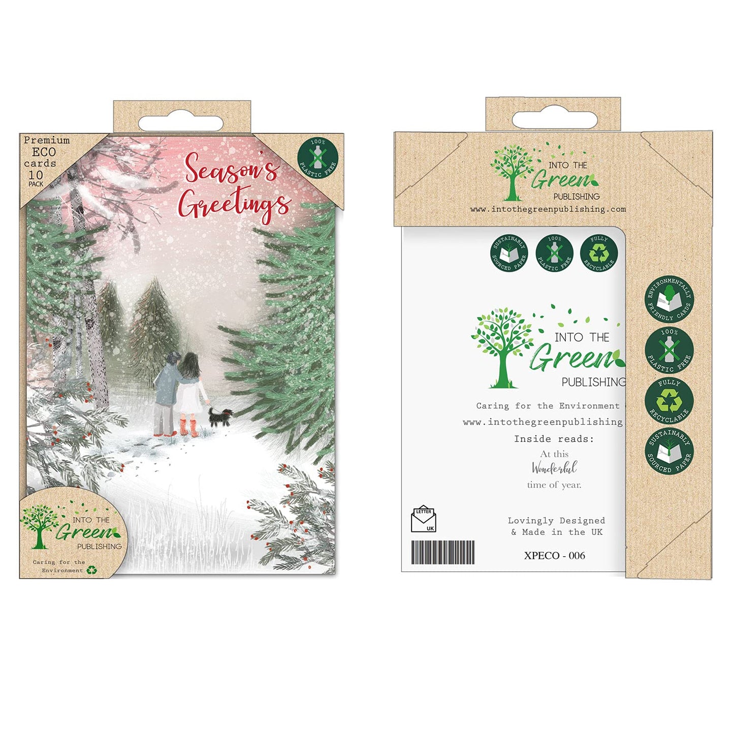 Into the Green Pack of 10 Xmas Christmas Card with Envelopes (Walking the Dog)