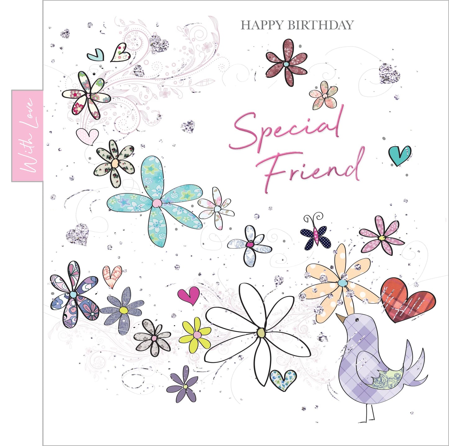 Into The Green  Flowers & Birds Special Friend Birthday Card Card with Glitter & envelope