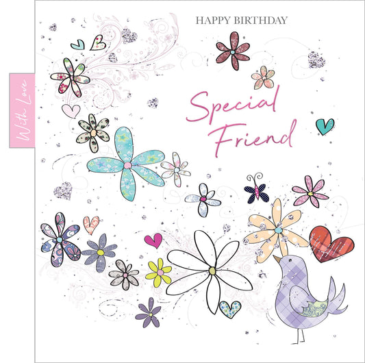 Into The Green  Flowers & Birds Special Friend Birthday Card Card with Glitter & envelope