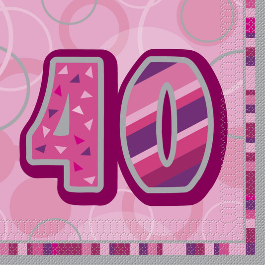 Unique Party - Glitz Pink 40th Birthday Paper Napkins, Pack of 16