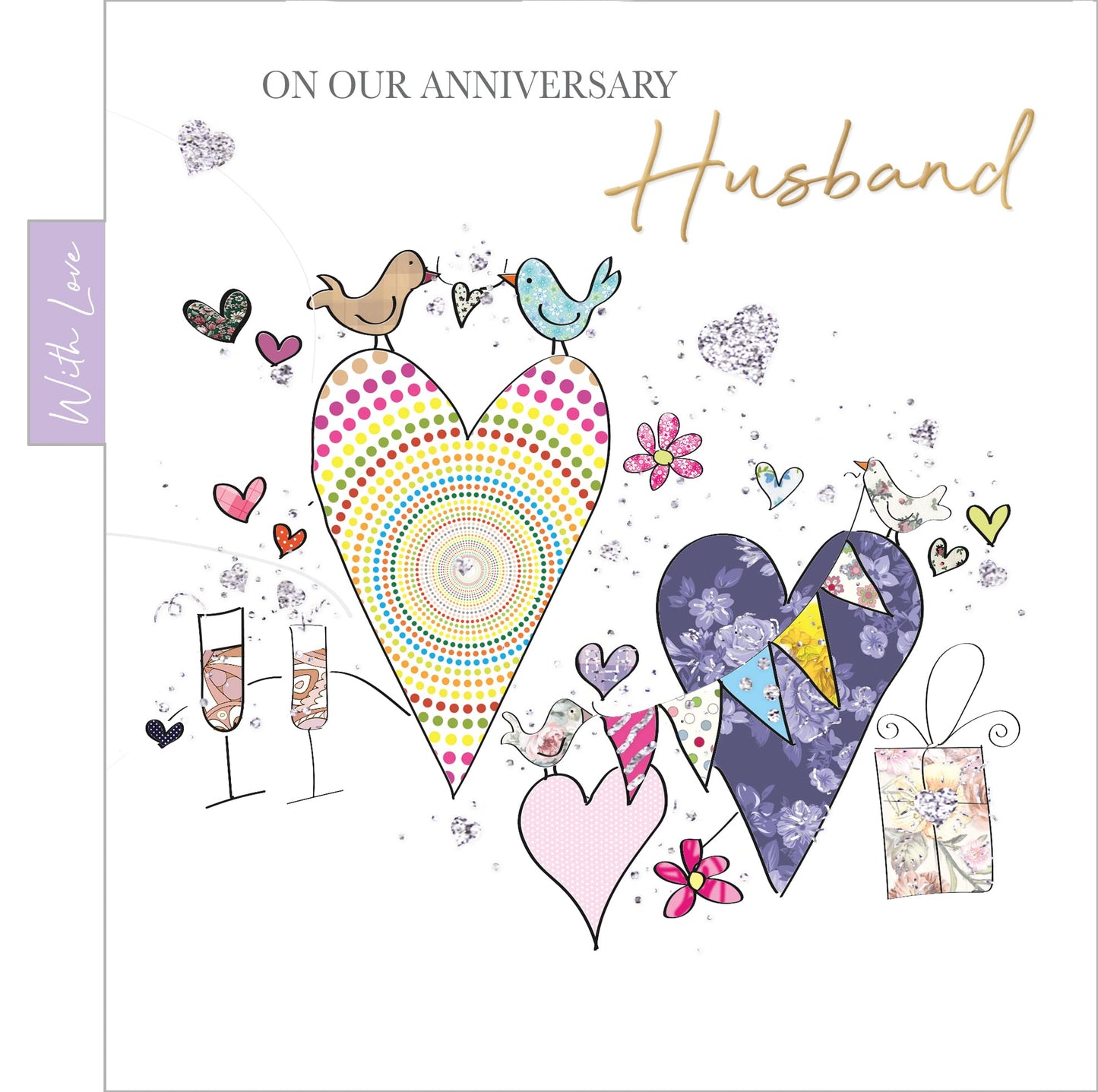 Into The Green  Two Hearts Husband Anniversary Card with Glitter & envelope