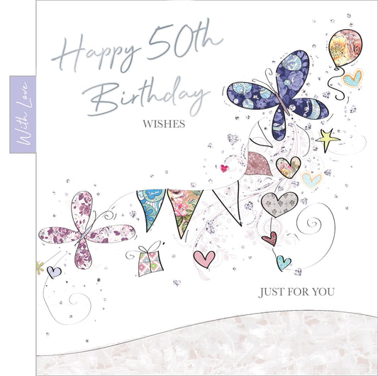 Into The Green  Bunting & Butterfly 50th Birthday Card with Glitter & envelope