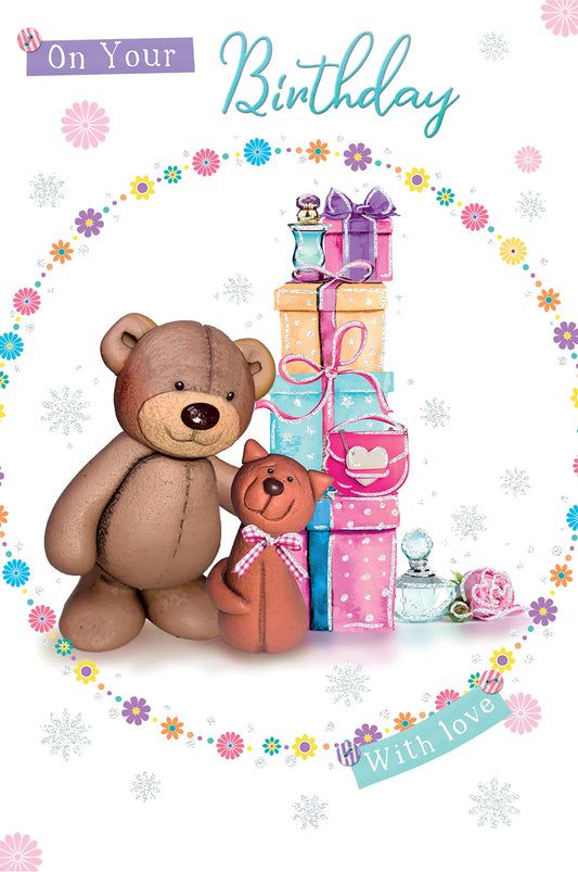 Into the Green Modern Lovable cute Bear Open Birthday Card, Fluted Foil finish & ECO Glitter with Envelope