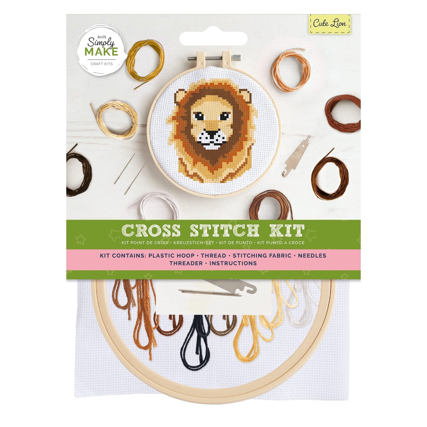 Simply Make Cross Stitch Kit - Cute Lion Design for Kids and Adults, Including Hoop, Embroidery Thread, Fabric and Needle - Perfect for Adult Crafts and Beginners - Starter Cross Stitch Craft Kit