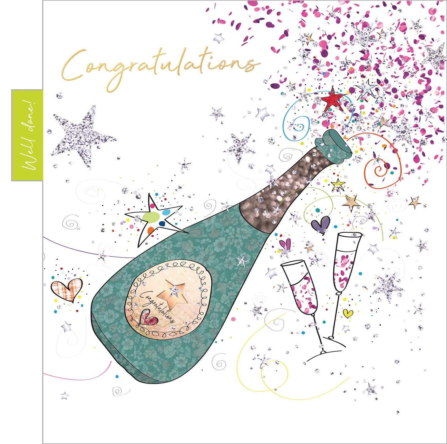 Into the Green Champagne Congradulations Card with Glitter & envelope