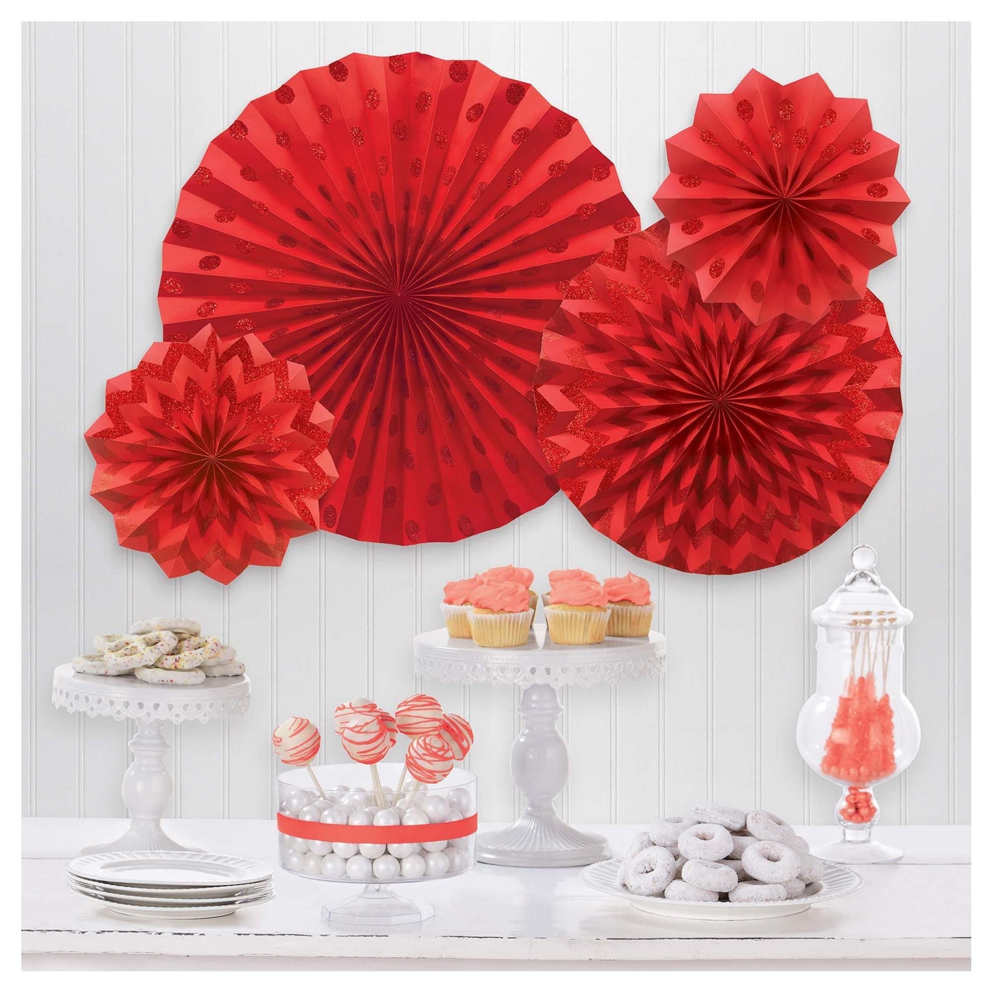 Apple Red Glitter Paper Fans /4