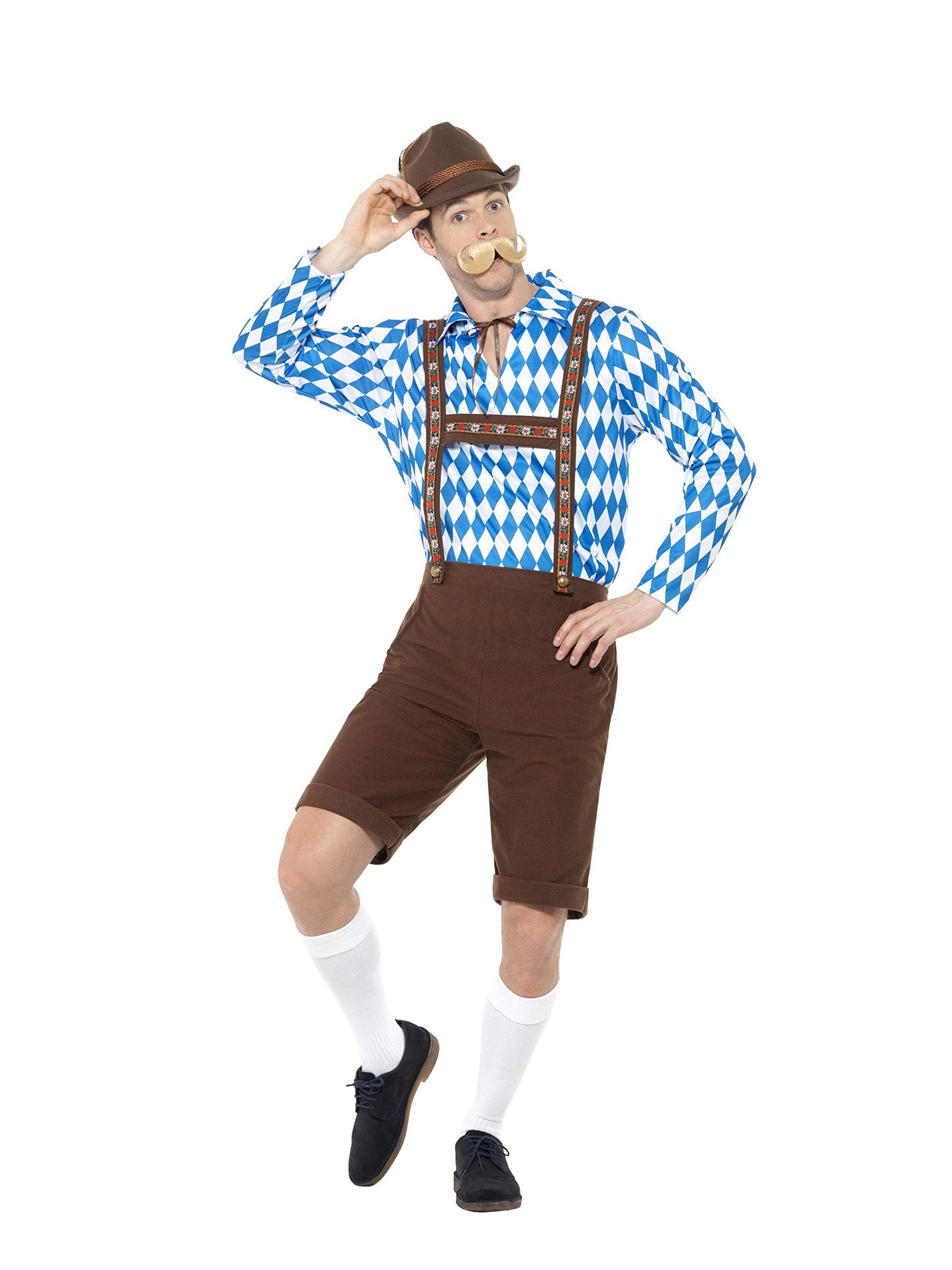 Bavarian Beer Man Costume, Blue & Brown, with Shirt & Lederhosen, (L)