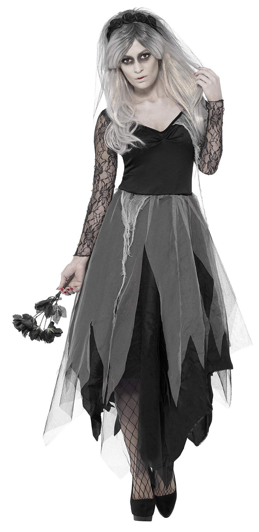 Smiffys Adult Women's Graveyard Bride Costume, Dress and Rose Veil, Legends of Evil, Halloween, S - UK Size 08-10, Black