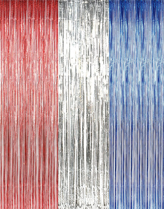 Forum Novelties Fringe Curtain, Foil, Metallic Red, Silver, Blue