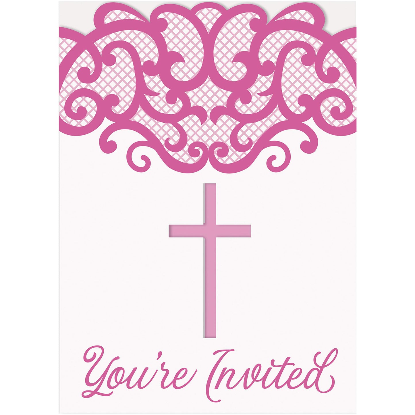 Unique 74834 Pink Holy Communion Invitation Cards 8 Pcs, Cross