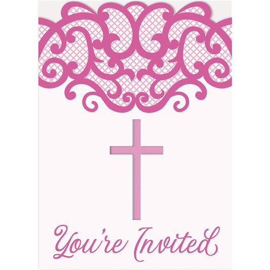 Unique 74834 Pink Holy Communion Invitation Cards 8 Pcs, Cross