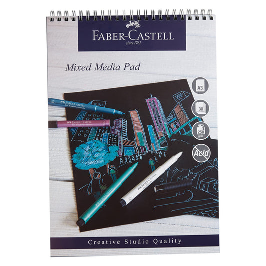 Faber-Castell Creative Studio Mixed Media Pad, A3, Spiral Bound Paper (Black), 250 GSM, 30 Sheets, All Media, Acrylic, Watercolour Paint, Pencils, Pastel, Charcoal, Graphite, Art, Craft, Home, School