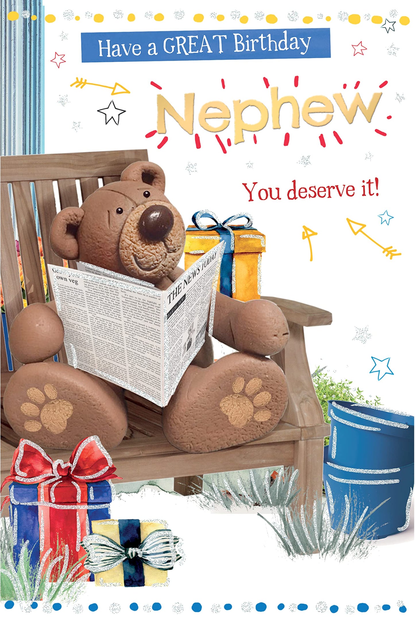 Into The Green Lovable Bear Nephew Birthday Card, Fluted Foil finish & ECO Glitter with Envelope