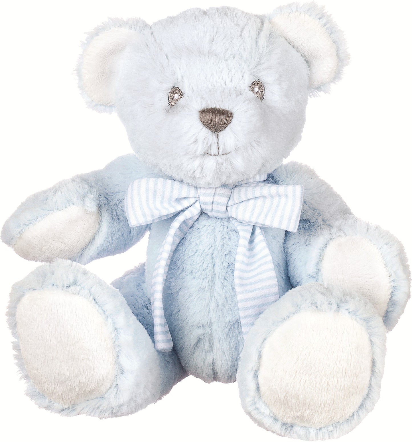 Suki Baby Hug-a-Boo Super Soft Plush Bear with Rattle in Tummy and Striped Cotton Bow (Small, Blue)