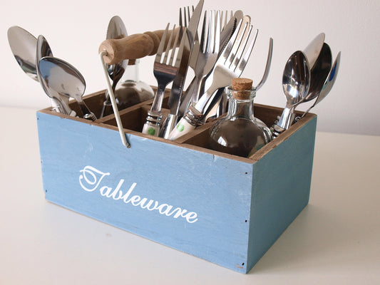 Cutlery Holder - Retro Style Blue Wooden Utensil Holder - Knives, Forks & Spoons. Cutlery Stand Utensil Condiment Holder Box with Handle