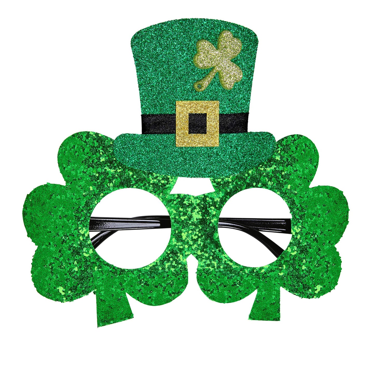 "ST. PATRICK'S DAY GLITTER SHAMROCK GLASSES WITH MINI TOP HAT" -