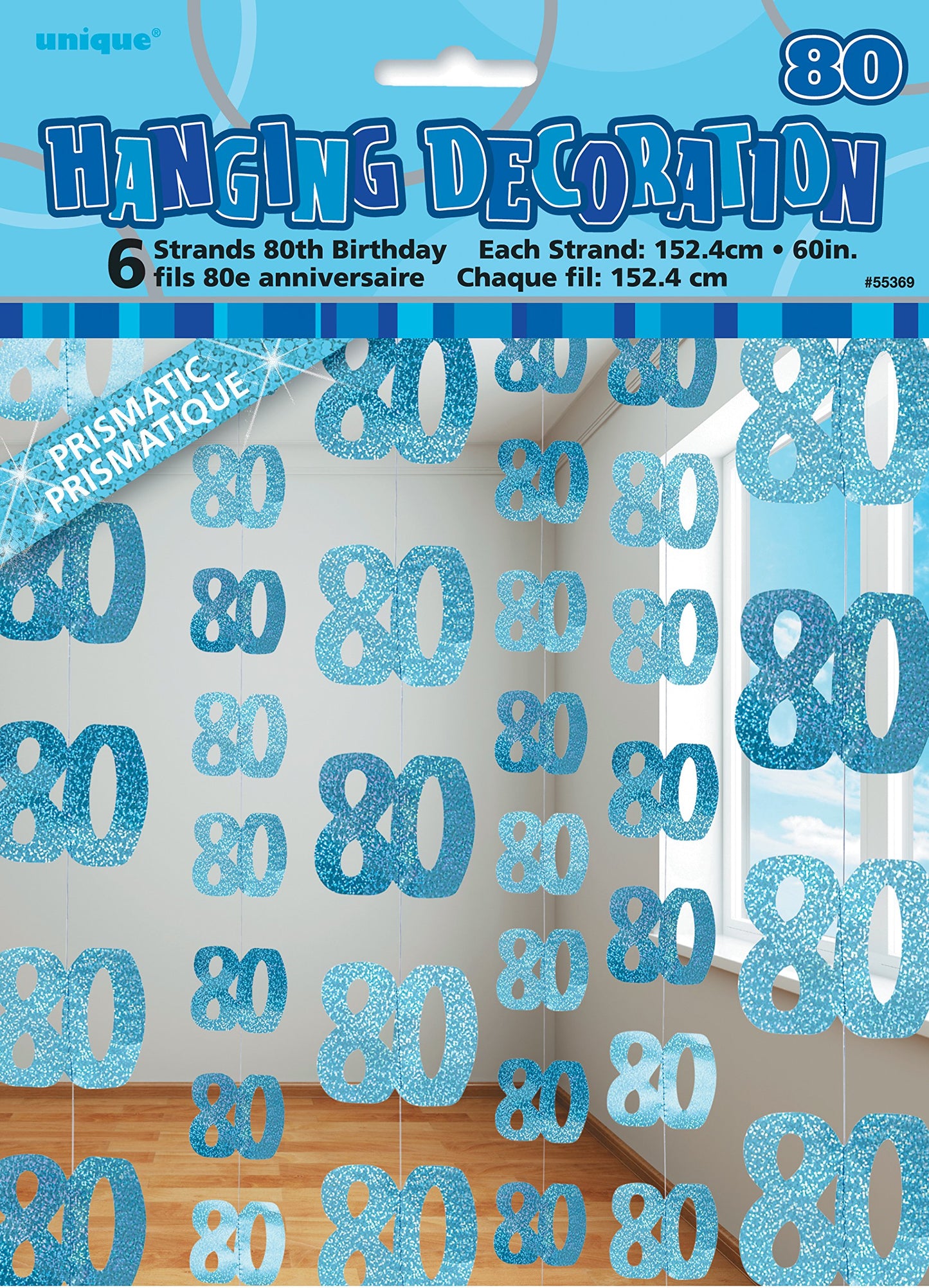 Unique Party - 5ft Hanging Glitz Blue 80th Birthday Decorations, Pack of 6